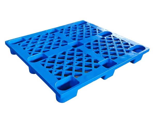A single blue plastic pallet with a grid - patterned surface and sturdy legs, set against a white background, showcasing its design for industrial use.