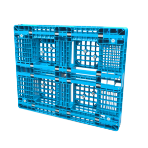 Paleta de plástico azul con perímetro completo y 6 patines, estructura de rejilla robusta y seis patines, que ofrece durabilidad y estabilidad para diversos usos industriales.