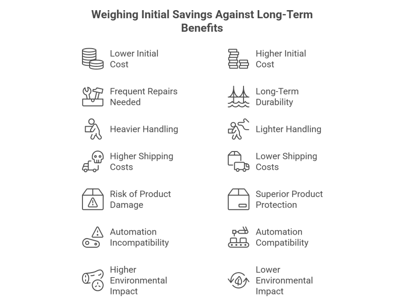 An infographic titled "Weighing Initial Savings Against Long - Term Benefits" compares costs and benefits of two options. It lists aspects like initial cost, durability, handling, shipping, product protection, automation compatibility, and environmental impact. 