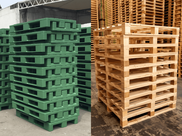 In an industrial area, green plastic pallets are stacked beside wooden pallets, highlighting the contrast between plastic pallet and wood pallet in terms of material and appearance.