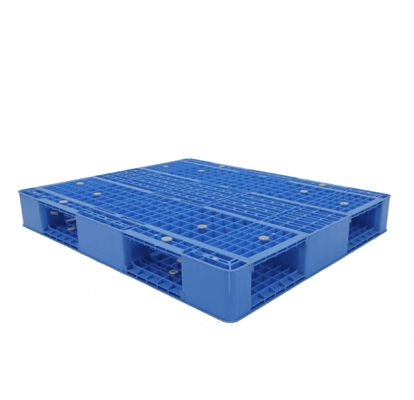 A blue reusable double - side heavy duty plastic pallet, featuring a grid design on both sides, suitable for heavy - load applications and offering durability.