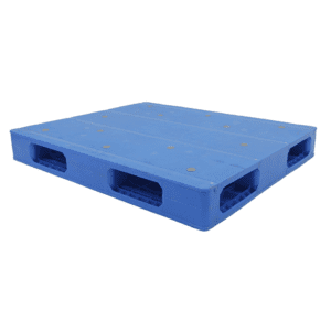 A blue heavy duty reversible solid plastic pallet, designed for robust use, with a solid surface and multiple openings for forklift access.