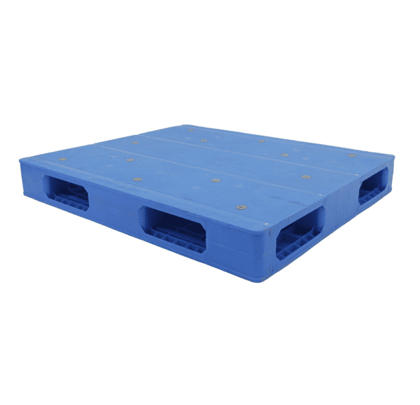 A blue heavy duty reversible solid plastic pallet, designed for robust use, with a solid surface and multiple openings for forklift access.