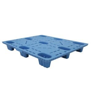 A blue Blow Molded 9 Legs Plastic Pallet, with a grid design and nine legs, crafted through blow - molding for durability.