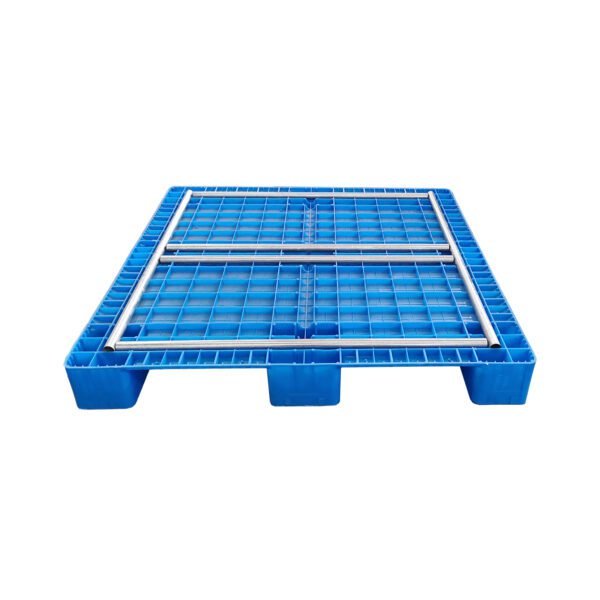 A blue 3 - runners heavy duty industrial plastic pallet with its top panel removed, revealing internal metal runners, designed for sturdy support in printing - related logistics.