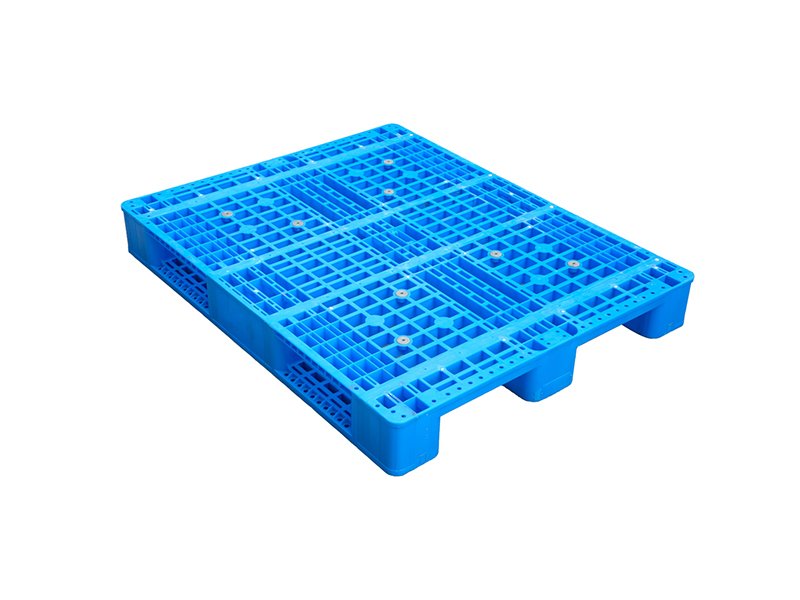 A single blue plastic pallet with a grid - like pattern, placed against a plain white background, highlighting its design and structure.