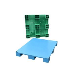 A green Solid HDPE 9 Feet Plastic Pallet and a blue one, both with solid HDPE construction and nine feet, providing sturdy support.