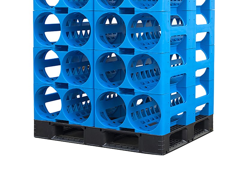 A stack of blue plastic water racks highlighting their spill - proof structure, designed to protect the large water bottles they hold.