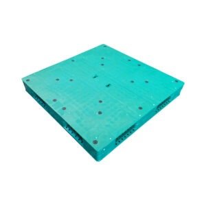A teal - colored flat plastic pallet with 6 runners, featuring a smooth surface and evenly placed fasteners, designed for industrial use.