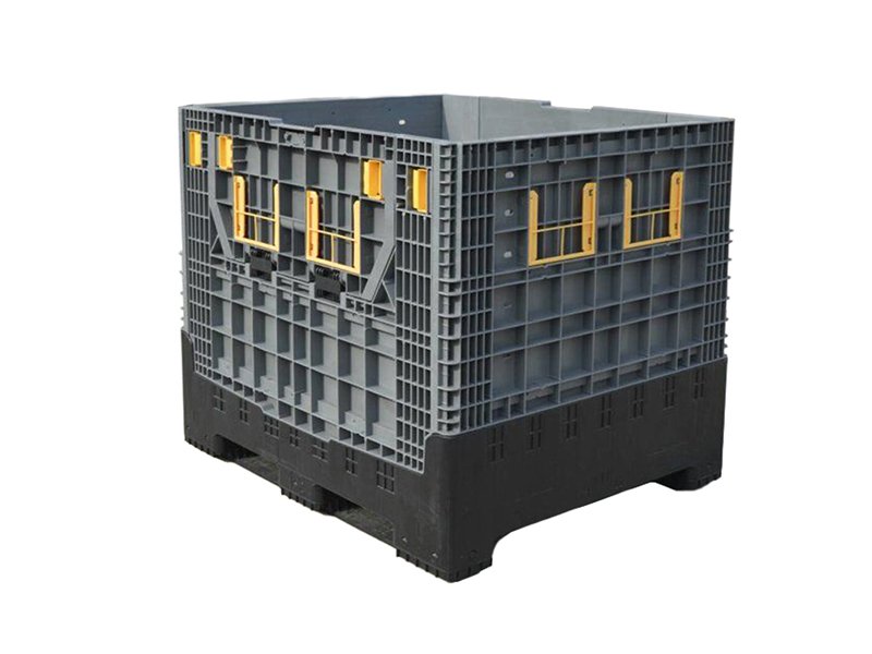 A grey collapsible plastic pallet box, highlighting its foldable design for space - saving storage and transport.