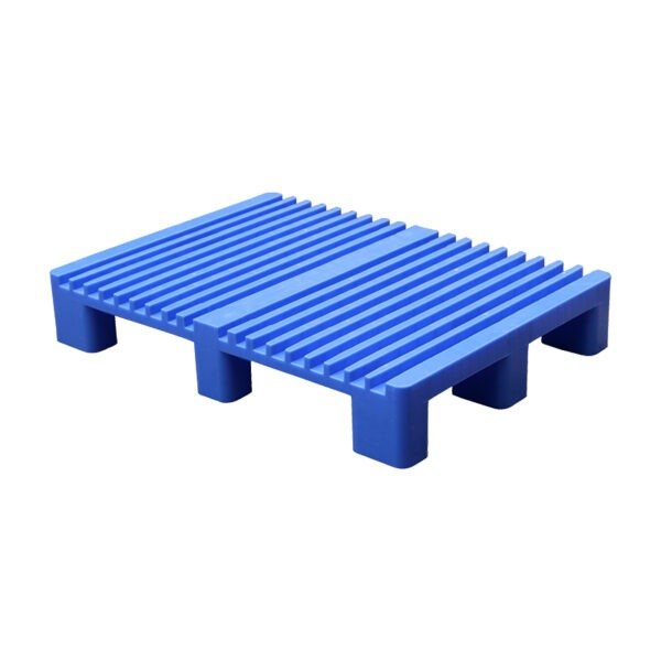 A blue ribbed deck plastic pallet, designed for the non - stop printing industry, offering durability and functionality for industrial use.