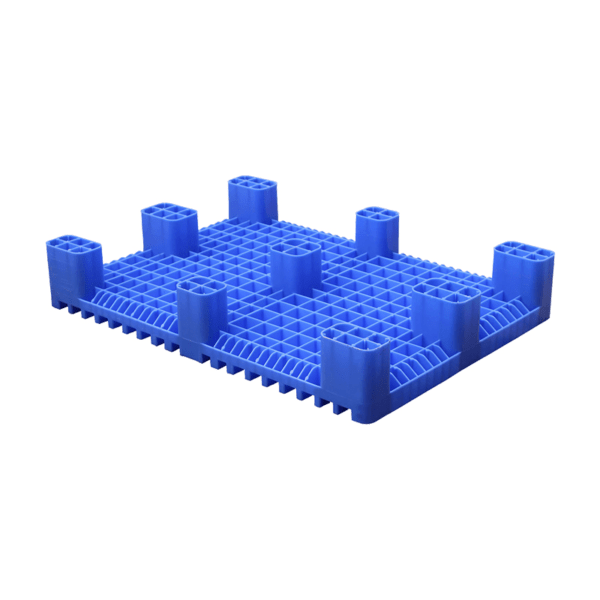 The underside of a blue ribbed deck plastic pallet, designed for the non - stop printing industry. Its robust structure with multiple legs is visible, ensuring stability and durability.