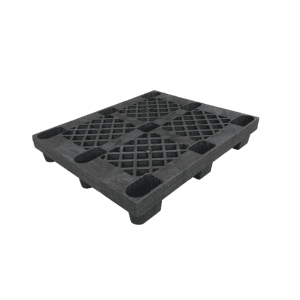 A black Recycled HDPE Nestable 9 Legs Plastic Pallet, made from recycled HDPE material, with a grid structure and nine legs for nestability.