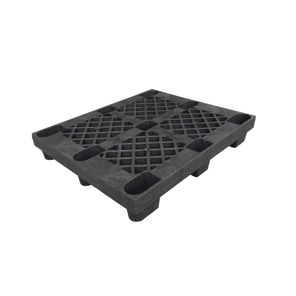 A black Recycled HDPE Nestable 9 Legs Plastic Pallet, made from recycled HDPE material, with a grid structure and nine legs for nestability.
