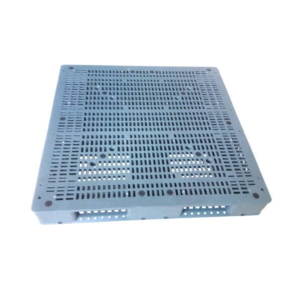 A blue 47 X 47 Full Perimeter Heavy Duty Plastic Pallet, with a full - perimeter design and perforated surface, offering strength and durability.