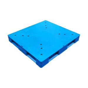 A blue reversible stackable HDPE plastic pallet, made of HDPE material, suitable for industrial stacking needs.