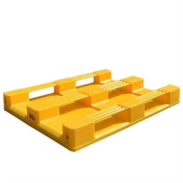 A yellow hygienic solid plastic pallet shown upside - down, prominently displaying its sturdy support feet. Highlighting its industrial - grade design.