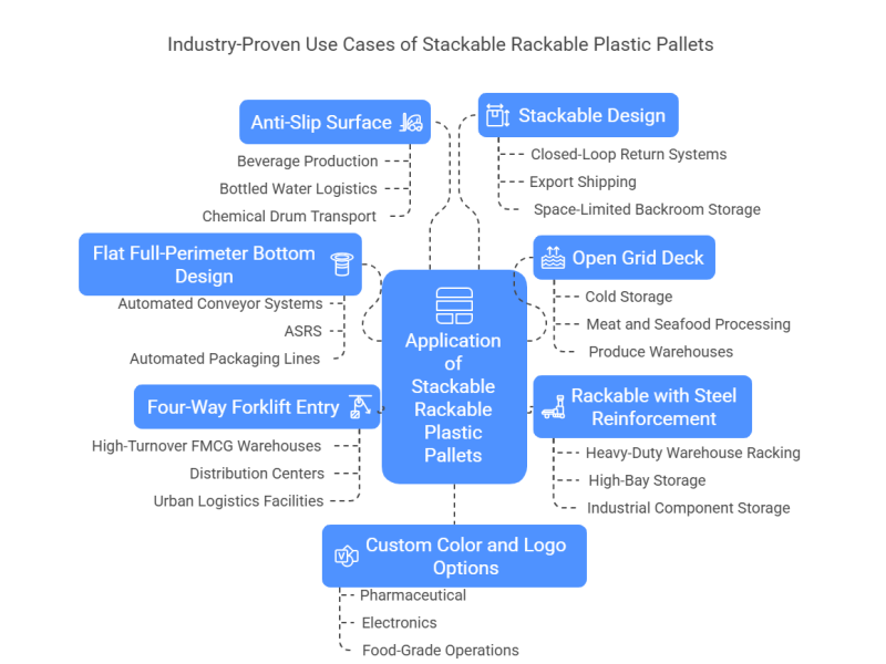A mind - map titled "Industry - Proven Use Cases of Stackable Rackable Plastic Pallets". Highlights features like Anti - Slip Surface and Stackable Design. Lists applications in Beverage, Logistics, Chemical, Cold Storage, Food, Warehousing, FMCG, Pharmaceutical, and Electronics industries.