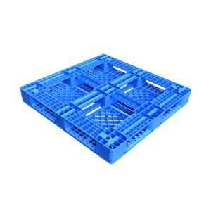 A blue PP & HDPE rackable stackable plastic pallet, featuring a robust grid structure that enables both racking and stacking in industrial settings.