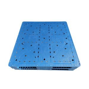 A blue reversible flat double - side rackable stackable plastic pallet. It features a flat surface with multiple holes and a sturdy structure, ideal for industrial use, allowing for both racking and stacking applications.