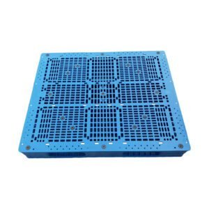 A blue rackable double - face plastic pallet with a grid design on both sides, suitable for various industrial storage and handling needs.