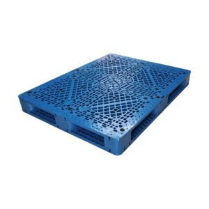 A blue stackable double - deck grid plastic pallet, highlighting its double - deck grid structure for enhanced storage and stacking.