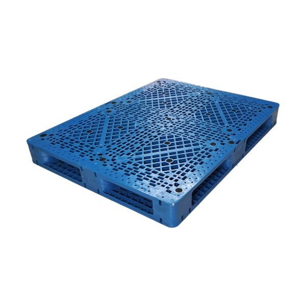 A blue stackable double - deck grid plastic pallet, highlighting its double - deck grid structure for enhanced storage and stacking.