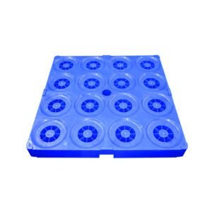 A blue plastic pallet designed for 16 five - gallon bottled water containers, featuring a top - view with circular indentations for secure placement.