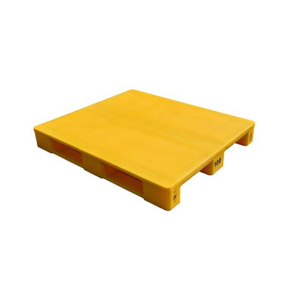 A yellow hygienic solid plastic pallet placed right - side - up, with a smooth surface. It presents a practical structure ideal for storage and transportation.
