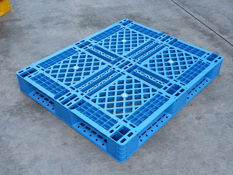 A blue full perimeter plastic pallet with a grid - like pattern, emphasizing its structural integrity and design features.