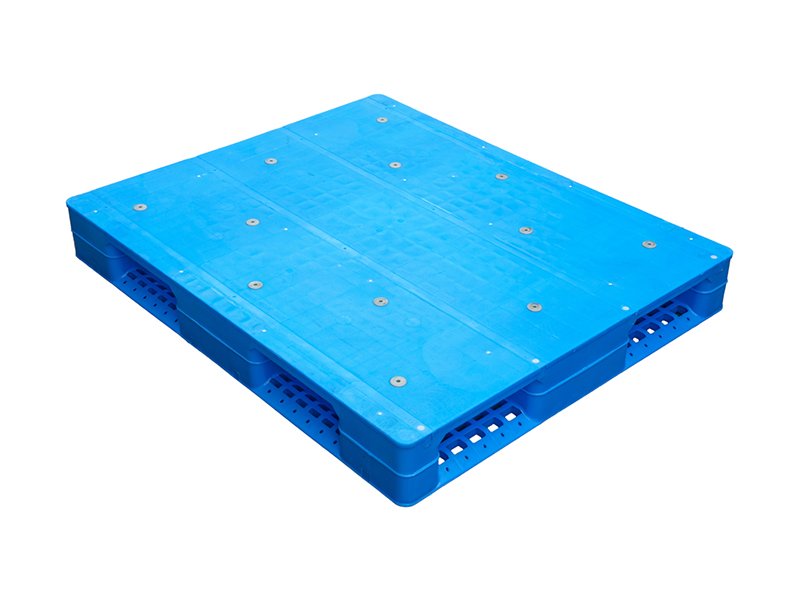 Another view of a blue full perimeter plastic pallet, showcasing its grid design and four - way entry for forklifts.