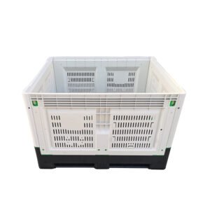 Ventilated collapsible plastic pallet crate with perforated sides for fresh produce and agricultural storage.