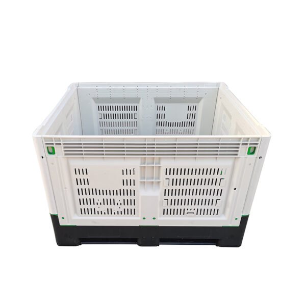 Ventilated collapsible plastic pallet crate with perforated sides for fresh produce and agricultural storage.