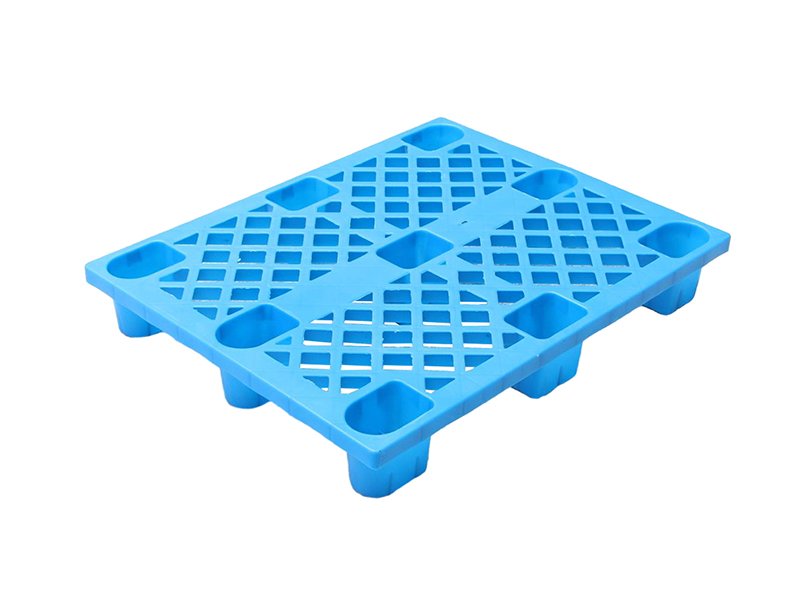 A blue 9 - legs plastic pallet, featuring a grid surface and sturdy leg design for stability.