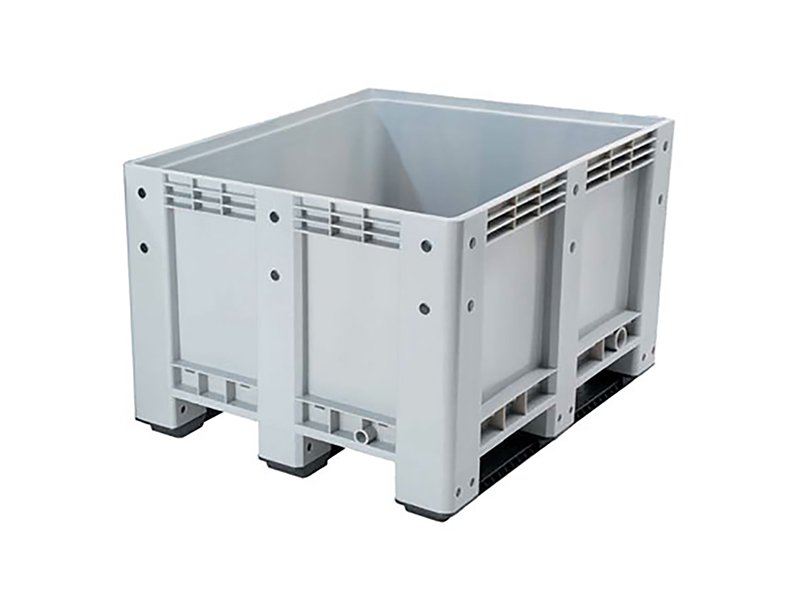 A grey rigid plastic pallet box, emphasizing its sturdy and enclosed structure.