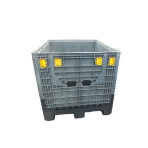 Foldable pallet box with drop-down access and stackable structure, suitable for closed-loop bulk logistics.