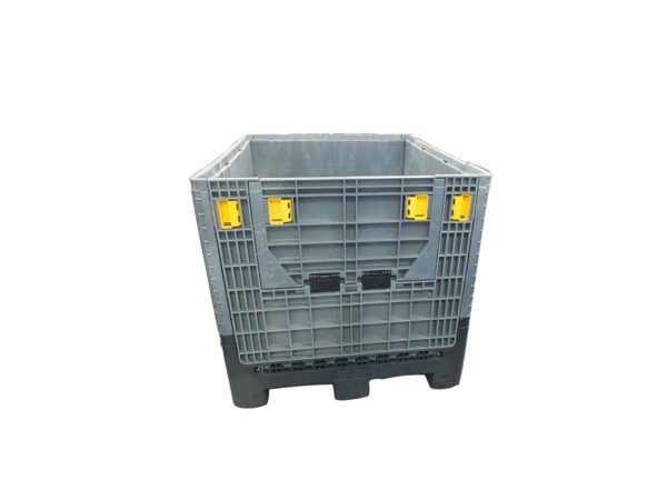 Foldable pallet box with drop-down access and stackable structure, suitable for closed-loop bulk logistics.