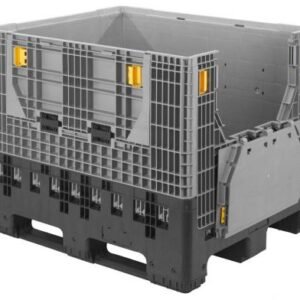Folding pallet box with dual drop-down doors and forklift entry, designed for efficient bulk material handling.