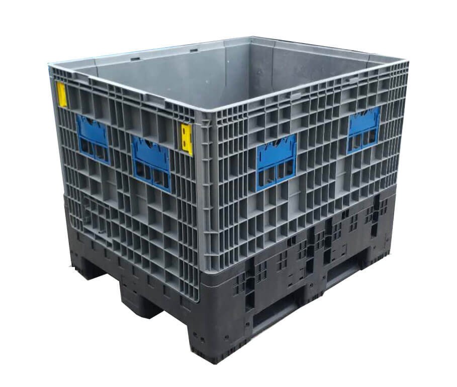 Collapsible pallet container with reinforced walls and side card holders, ideal for returnable packaging systems.