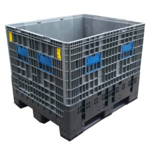 Collapsible pallet container with reinforced walls and side card holders, ideal for returnable packaging systems.