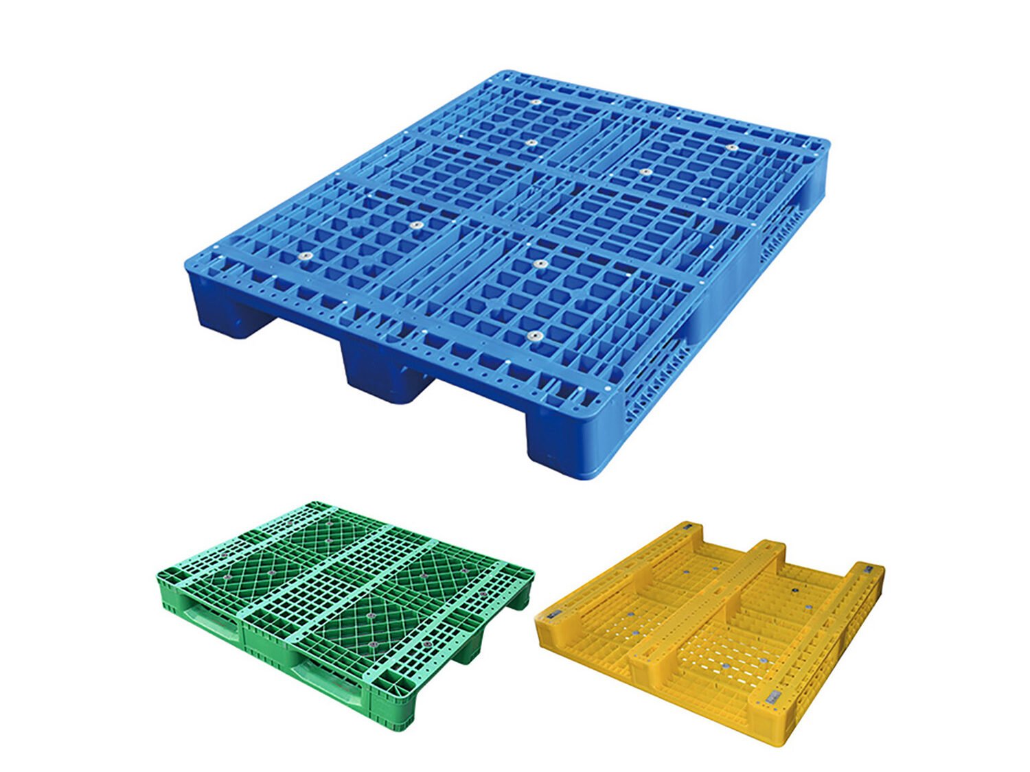 Green blue and yellow 3 Runners plastic pallets.