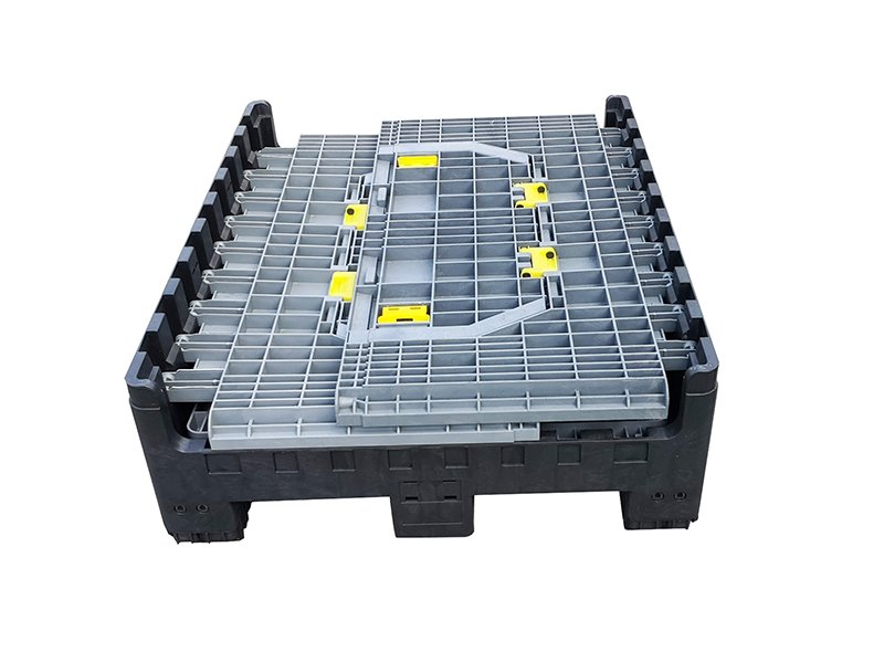 Collapsible shipping container, foldable design saves space, for easy storage.