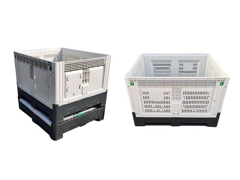 Two collapsible shipping containers, one solid - walled, one vented, show design options.