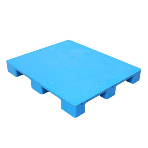 A blue flat top solid plastic pallet, specifically designed for storing and transporting paper in the printing industry, with a smooth surface to protect paper.