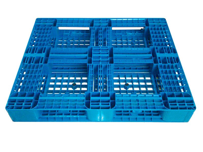 A blue full perimeter plastic pallet with a grid - like structure, designed for efficient load - bearing and stacking.