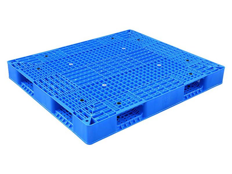 A blue stackable plastic pallet, showcasing a grid pattern and robust build for stacking applications.