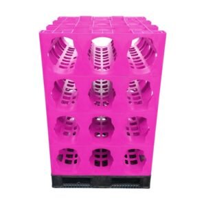 Pink 3 - pocket modular rack, holds 5 - gallon water bottles, stackable for storage.