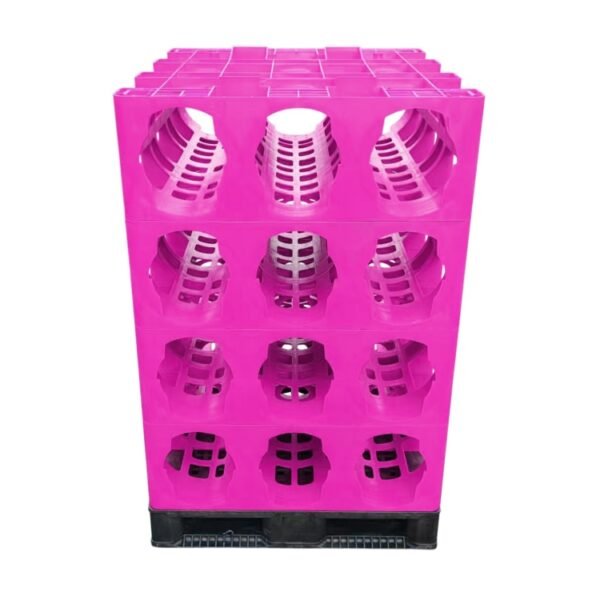 Pink 3 - pocket modular rack, holds 5 - gallon water bottles, stackable for storage.