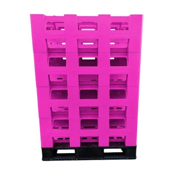Stacked pink 5 - gallon water bottle rack, modular design, saves space.