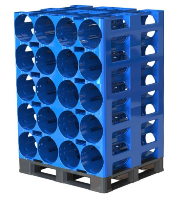 Blue modular rack for water bottles, stackable 5 gallon water bottle storage rack